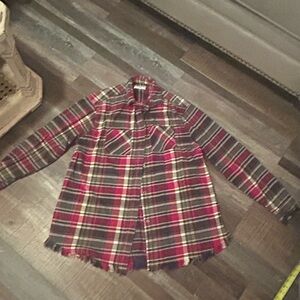 One 24 Rags Plaid Button Down Shirt raw fringe hem thick XXL bohemian casual